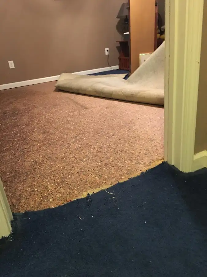 Carpet pad removal revealing water damage during Drying & Dehumidification in Davidson